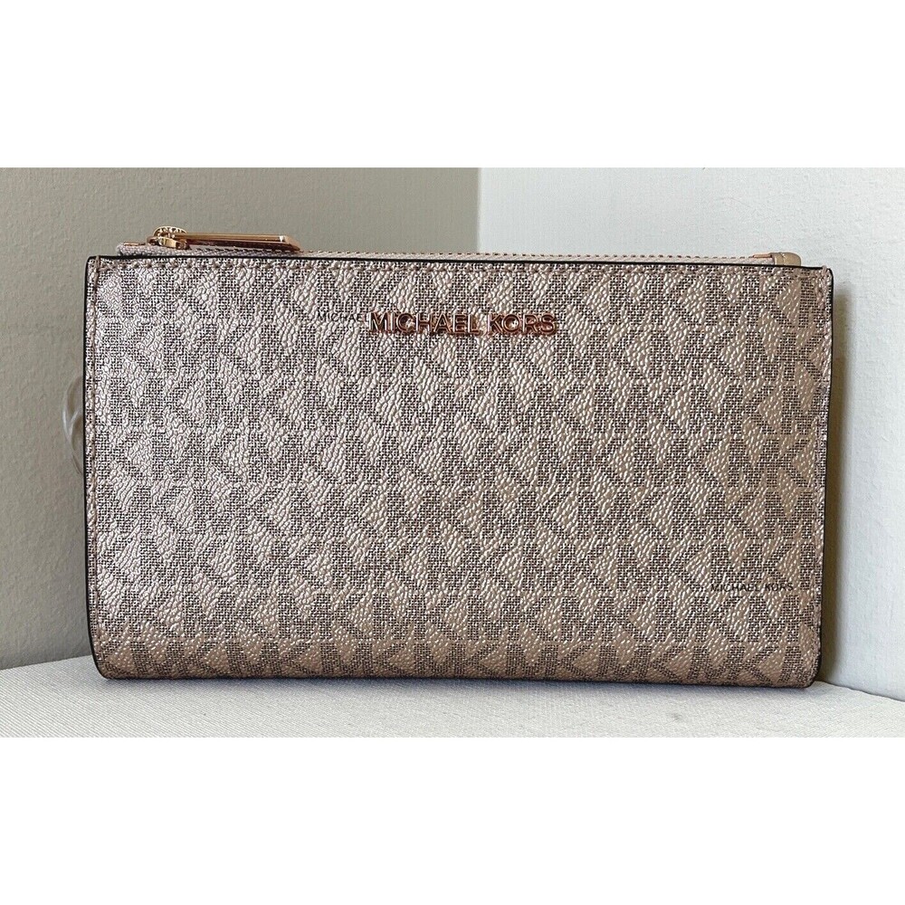 New Michael Kors Jet Set Travel Double Zip Wallet PVC Rose Gold